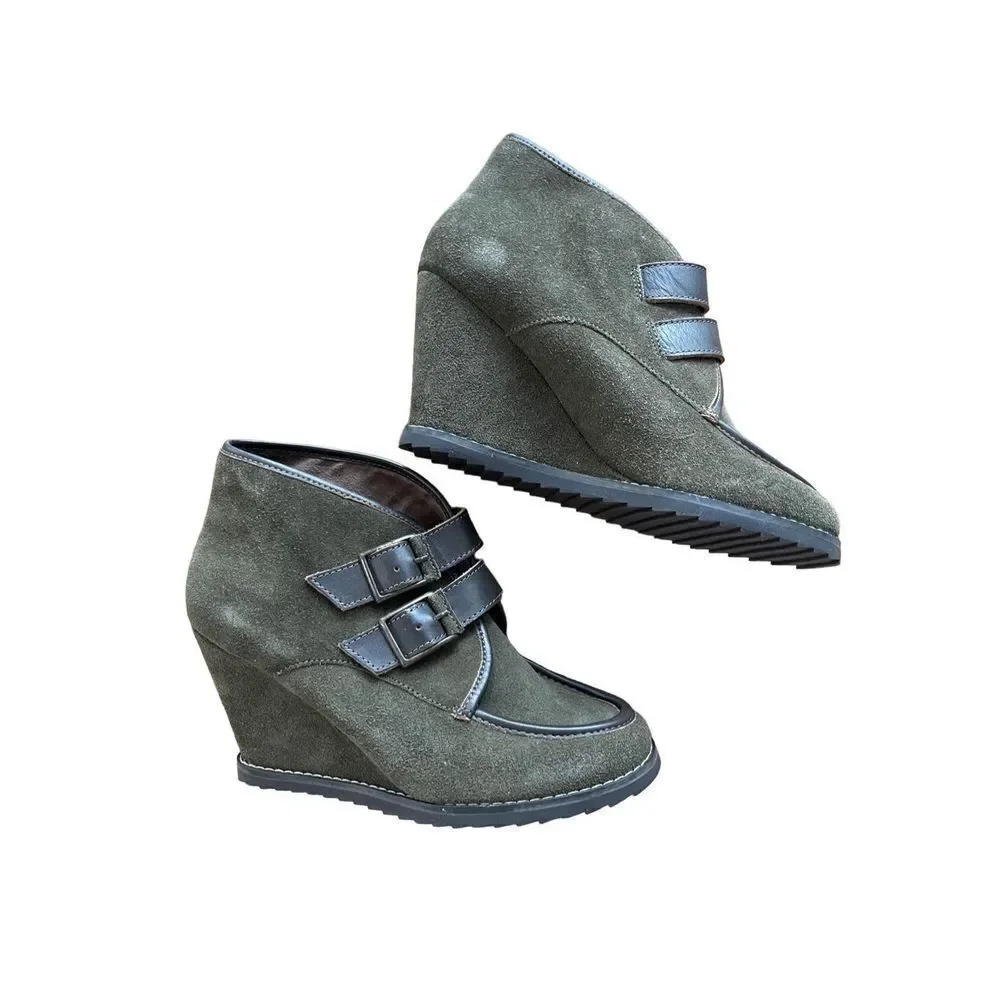 Charles David Womens Olive Green Suede Ankle Boots Wedge Size 8.5
